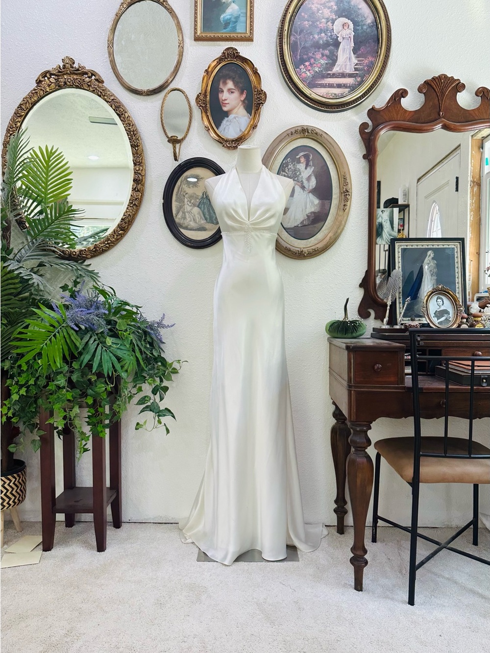 Ivory Satin V-Neck Wedding Dress with Draped Waist